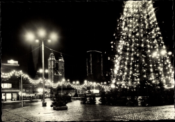 Postcard Halle an der Saale, Christmas market, Christmas tree with lights,