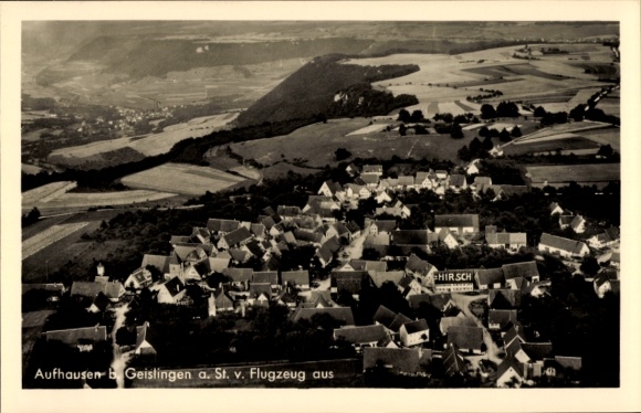 Postcard Aufhausen Geislingen an der Steige, aerial view of Aufhausen, rural landscape, guesthouse