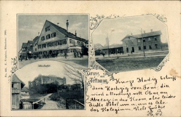 Ak Tettnang in Württemberg, Bahnhof Gleisseite, Schloss Montfort, Gasthaus