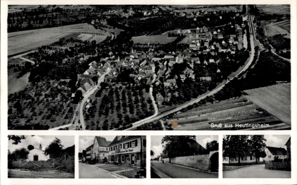 Postcard Heutingsheim Freiberg am Neckar, aerial photograph, bakery and gas house zur Traube
