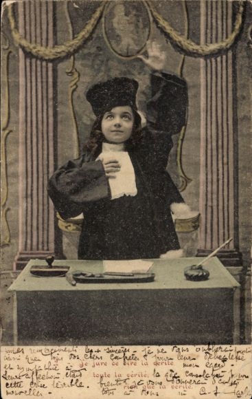 Postcard boy as lawyer, court hearing, oath
