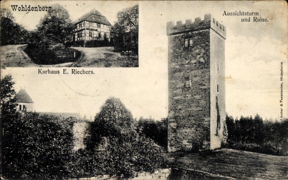 Postcard Silium Holle in Lower Saxony, Wohldenberg Castle, observation tower, ruins, spa house E. Riechers