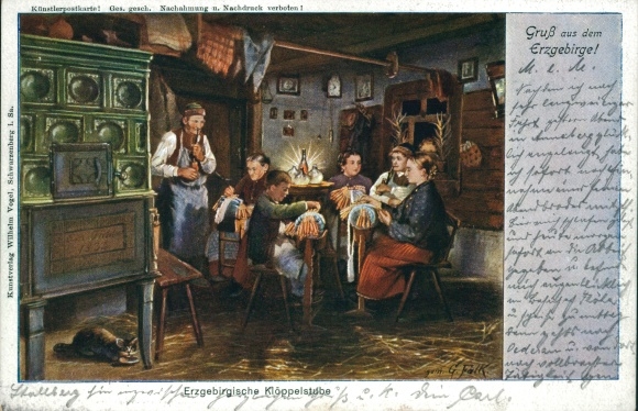Artist Postcard Falk, G., Erzgebirge Klöppelstube, tiled stove