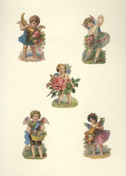 5 wafer angels with rose petals and cornucopias, each approx. 8 x 5 cm