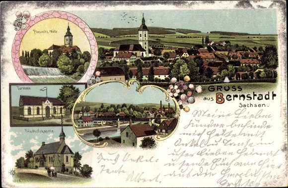 Litho Bernstadt auf dem Eigen in Sachsen, Pliessnitz Wehr, Turnhalle, Friedhofskapelle