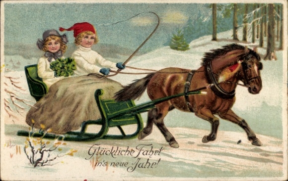 Embossed Postcard Congratulations New Year, horse-drawn sleigh, children