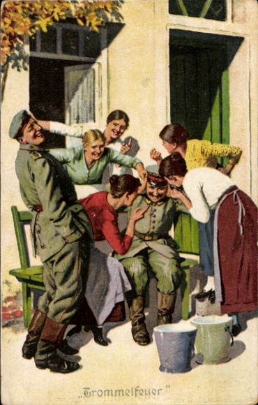 Artist Postcard Always Expert, Military Terms No. 4, Drum Fire, Soldiers