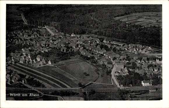 Ak Wörth am Rhein, Luftaufnahme von  Häuseransicht, Felder, Wald