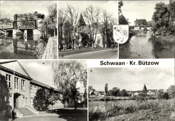 Postcard Schwaan in Mecklenburg, Warnowbrücke, market, on the Beke, high school, city view
