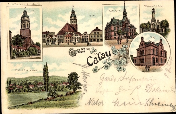 litho Calau in Neder-Lausitz, markt, kerk, gemeentehuis, postkantoor, oorlogsmonument, kabel