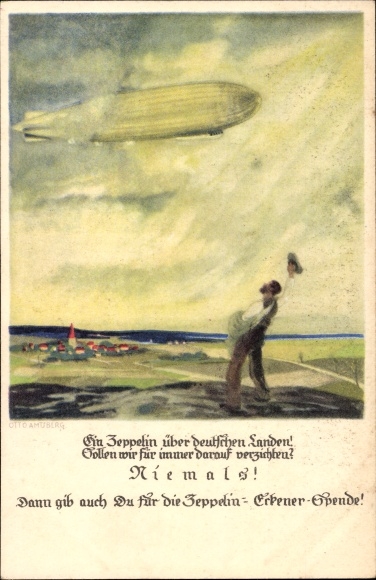 Kunstenaarskaart Amtberg, Otto, Zeppelin Eckener donatie, zwaaiende man, luchtschip