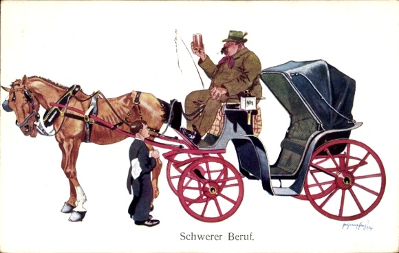 Artist Postcard Schönpflug, Fritz, Difficult Job, Fat Coachman with Beer Mug