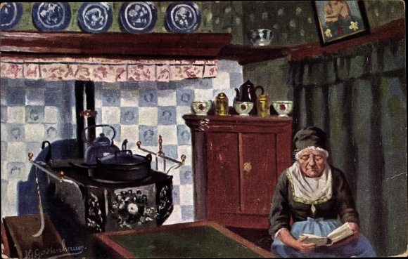 Artist PC Gerstenhauer, Johann Georg, woman in Dutch costume with a book on the stove