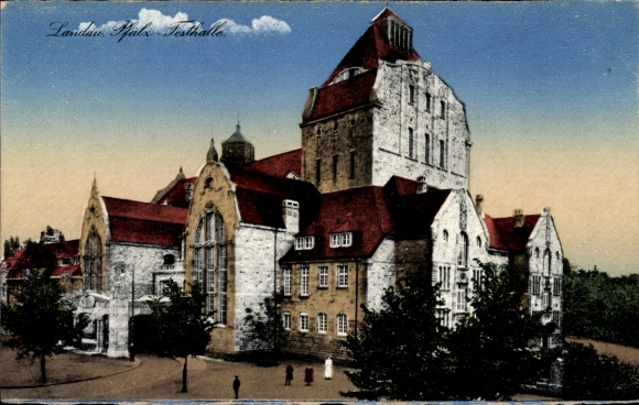 Postcard Landau idPfalz, front view of the festival hall