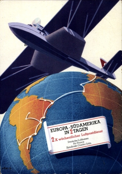 Postcard Europe South America in 2 days, airmail service, Lufthansa, Air France, Condor
