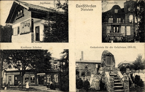 Ak Lentföhrden in Holstein, warenhuis Schober, bosvilla, jachthuis, gedenksteen
