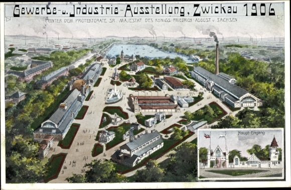 Kunstenaarskaart Zwickau in Saksen, handels- en industrietentoonstelling 1906, hoofdingang, afstandsschot