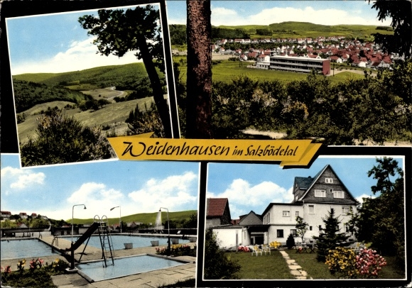 Postcard Weidenhausen in the Salzbödetal Gladenbach Hessen, Pension Hartmann, outdoor pool, panorama