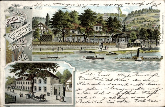 Chromo-Litho Dresden Wachwitz, Restaurant Elbterrasse, Steamer