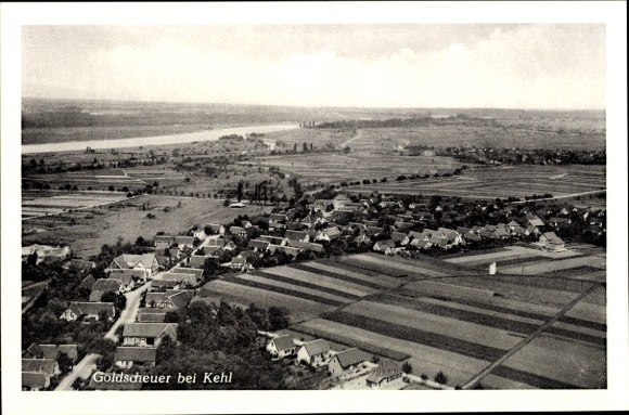 Postcard Goldscheuer Kehl am Rhein, aerial view of Goldscheuer, fields, houses, Rhine in the background