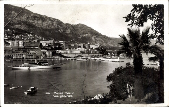 Ak Monte Carlo Monaco, Panoramablick auf  Hafen, Gebäude und Palmen