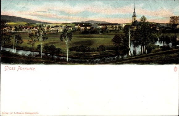 Postcard Großpostwitz in Sachsen, panorama with river