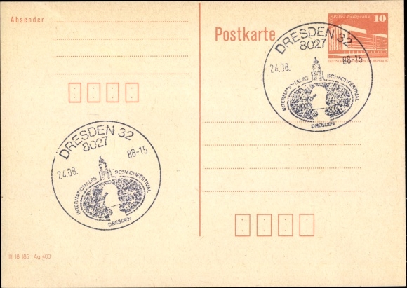 KP pocztówkowa szachy, znaczek: Drezno, Międzynarodowy Festiwal Szachowy, 1988
