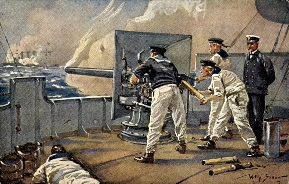 Artist Postcard Stöwer, Willy, Sailors at the gun of a warship, Imperial Navy