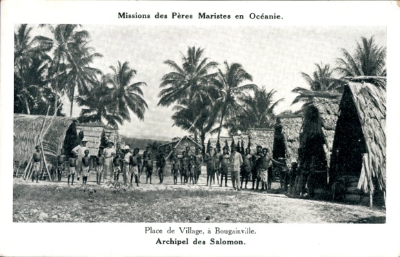 Postcard Bougainville Solomon Islands Pacific, village square, Marist Fathers Missions