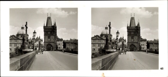 Stereo Photo Praha Prague, Vltava, Charles Bridge, Old Town Bridge Tower