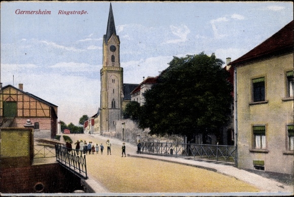 Postcard Germersheim am Rhein, ring road with church, bridge