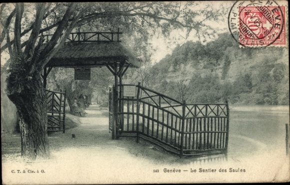 Ak Genf Stadt Schweiz, Eingang zum Weg, Zaun, Bäume, Fluss, Poststempel
