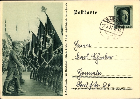 Postal stationery PC Nuremberg, Reich Party Rally 1937, Reich Labor Service, work men, RAD parade