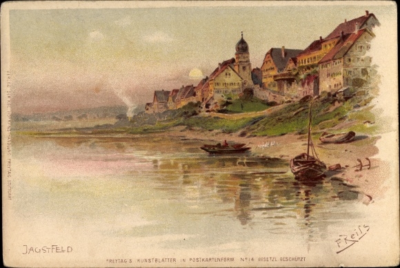 Artist Chromo-Litho Reiss, Fritz, Jagstfeld Bad Friedrichshall district of Heilbronn, river section