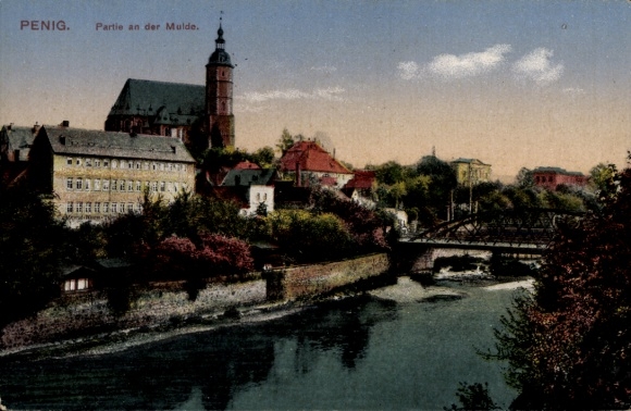 Ak Penig in Sachsen, Ansicht der Mulde, Kirche, Brücke, Häuser