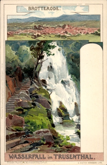 Postcard Brotterode in Thuringia, waterfall in Trusenthal, picturesque landscape