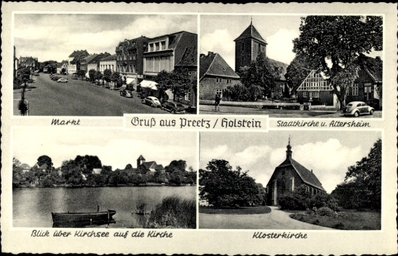 Postcard Preetz near Stralsund, market, state church, retirement home, Kirchsee