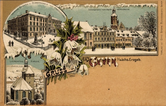 Winter Litho Geyer im Erzgebirge Sachsen, Laurentiuskirche, Markt, Beamten- und Bürgerschule
