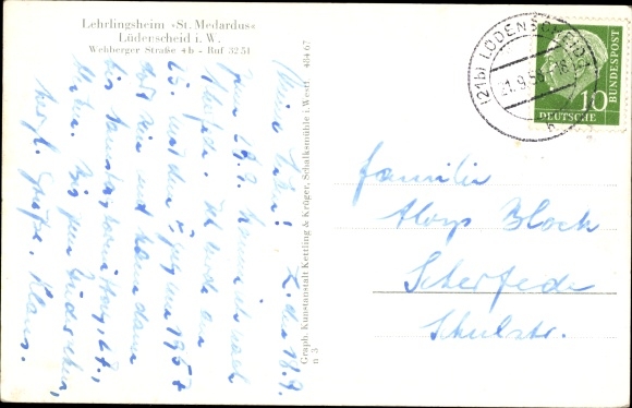 Postcard Lüdenscheid in the Märkischer Kreis, apprenticeship home St. Medardus, Wehberger Str. 4 b, table tennis