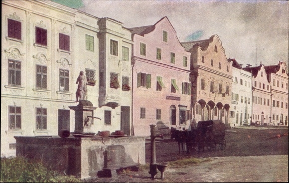 PC Neufelden in the Mühlviertel Upper Austria, street section, fountain