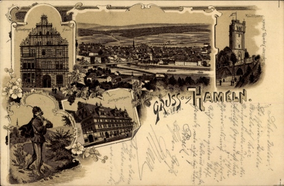 Litho Hameln in Niedersachsen, Rattenfängerhaus, Hochzeitshaus, Rattenfänger, Klätturm, Stadt