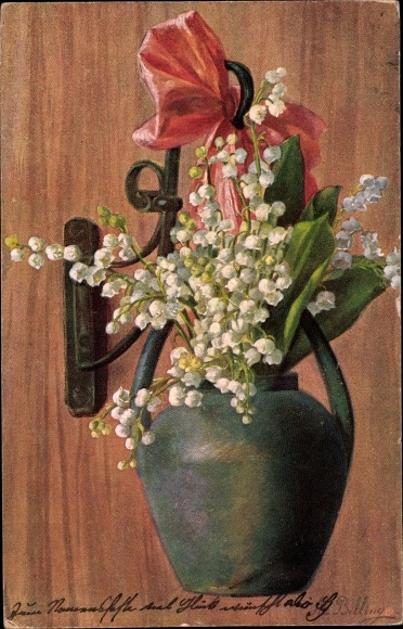 Kunstenaar litho Billing, M., lelietje-van-dalen in een bloemenvaas, strik