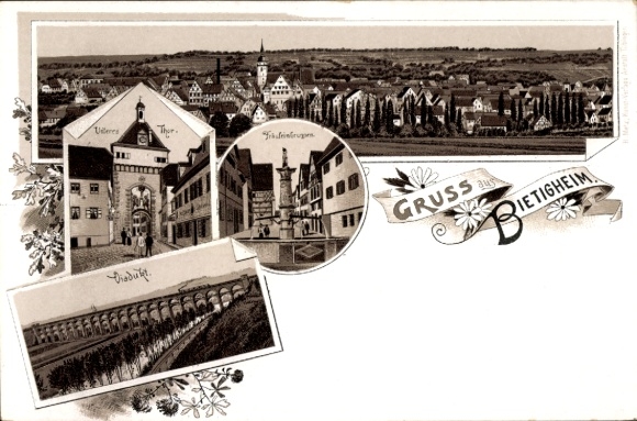 litho Bietigheim in Württemberg, algemeen beeld, onderste poort, viaduct, Fräuleinbrunnen