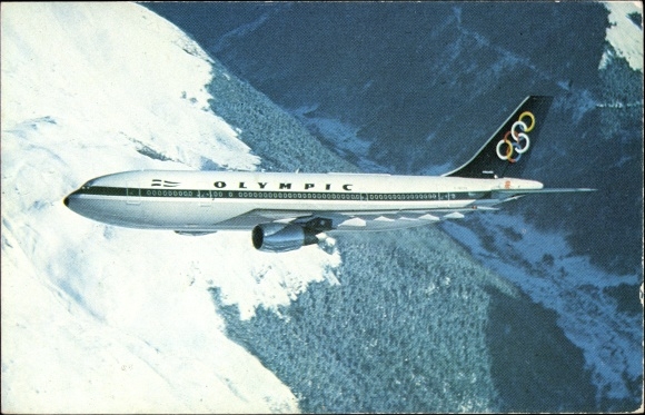 Postcard Greek passenger plane, Airbus A300, Olympic Airways