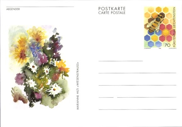 Postal stationery artist PC meadow bouquet, Fürstenstein Liechtenstein, bee