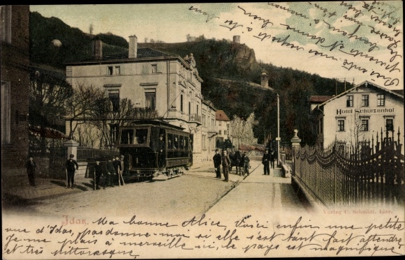 Postcard Idar Oberstein an der Nahe, street section, tram