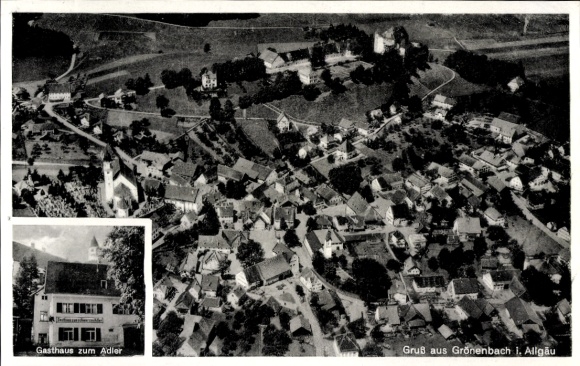 Postcard Bad Grönenbach in Allgäu, aerial photograph, Gasthaus zum Adler, owner M. Hafner