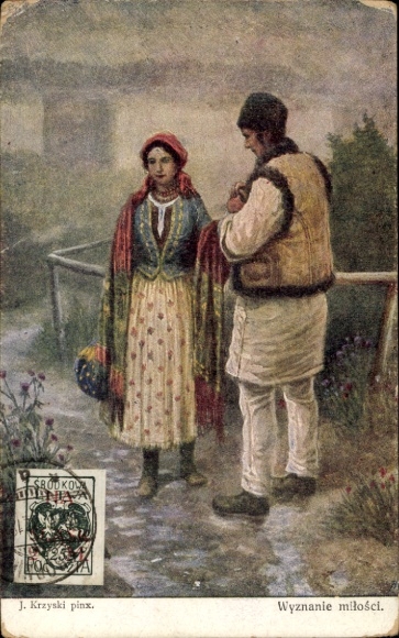 Artist Postcard Krzynski, couple in Polish costumes