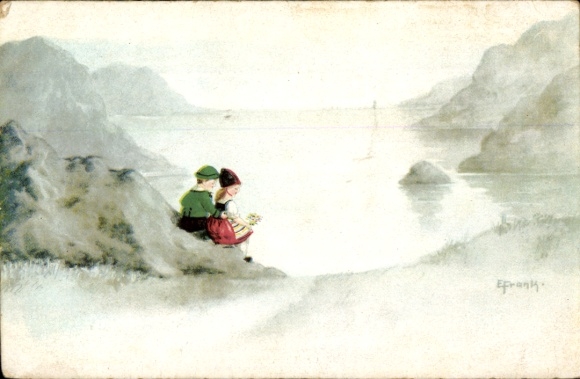 Artist Postcard Frank, Elly, Two children on the shore, seaside