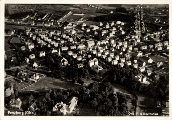 Postcard Penzberg in Upper Bavaria, aerial view of Penzberg, housing estates, church, fields